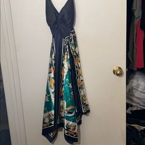 Silk strapless black and print dress.